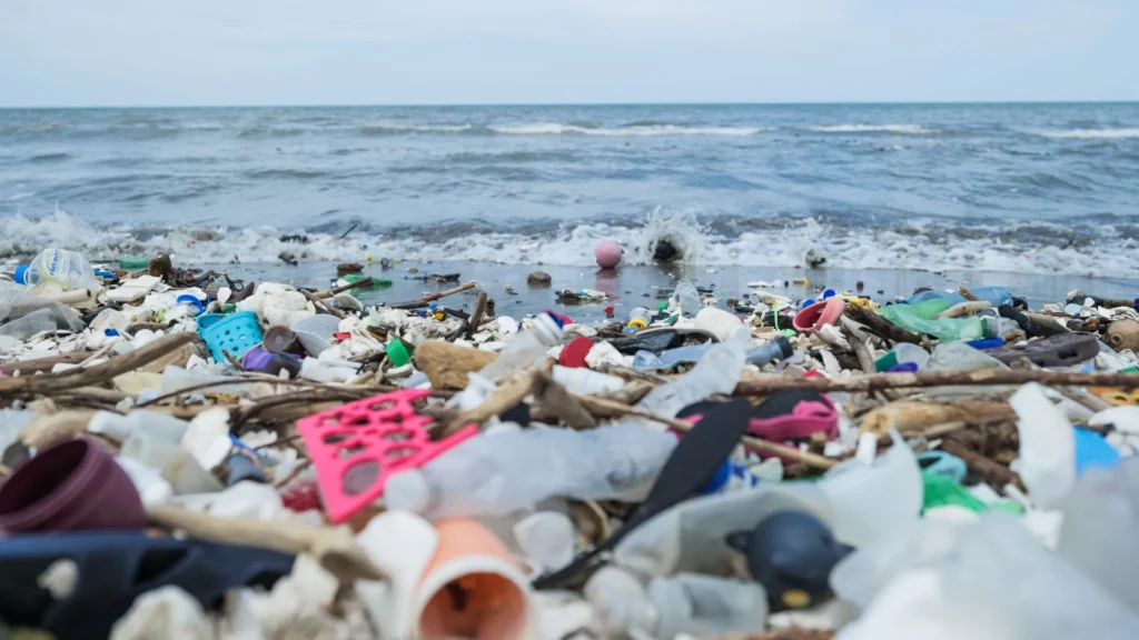 many plastic waste on the sea beach