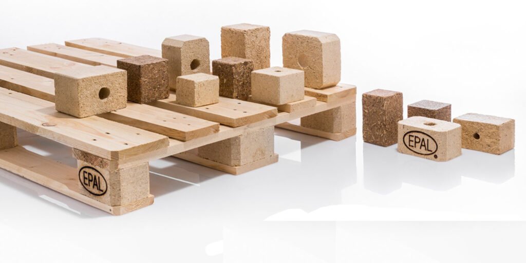 pressed pallet blocks made from waste wood, used to replace solid wood blocks, for assembling euro pallets